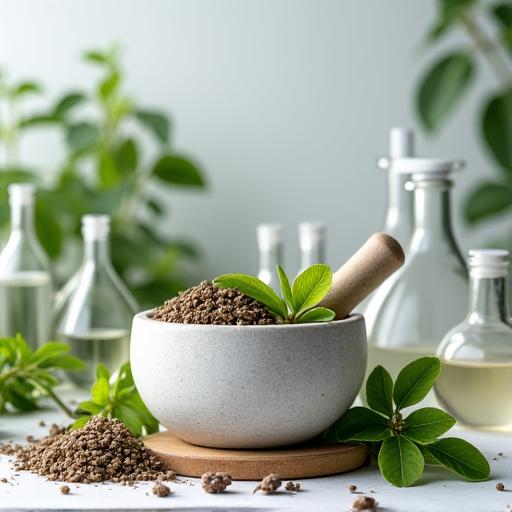 Mortero con ingredientes botánicos junto a material de laboratorio.