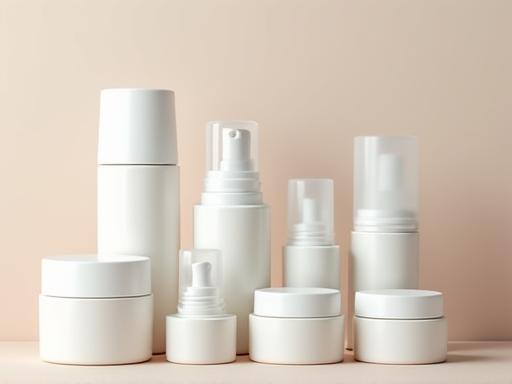 Varios envases de cosméticos sin etiqueta, listos para ser personalizados.