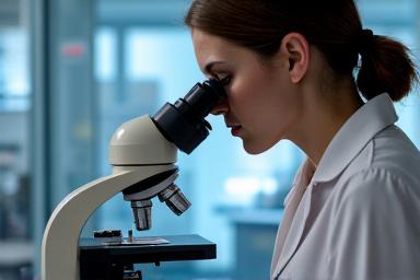 Técnico de laboratorio usando un microscopio para control de calidad.
